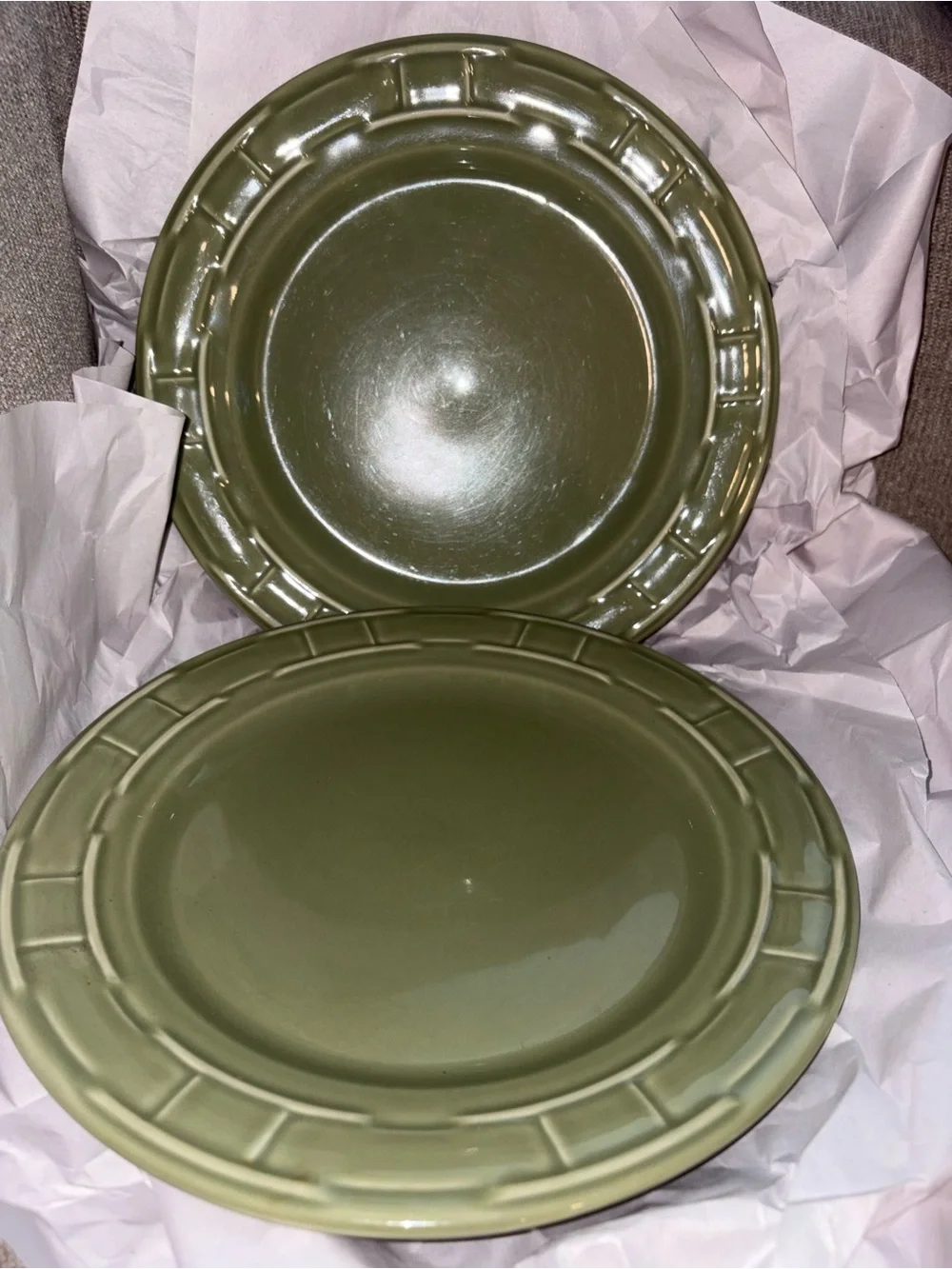 Longaberger Olive Green Ceramic Dinner Plates - Solid Olive Finish (SET OF 2)